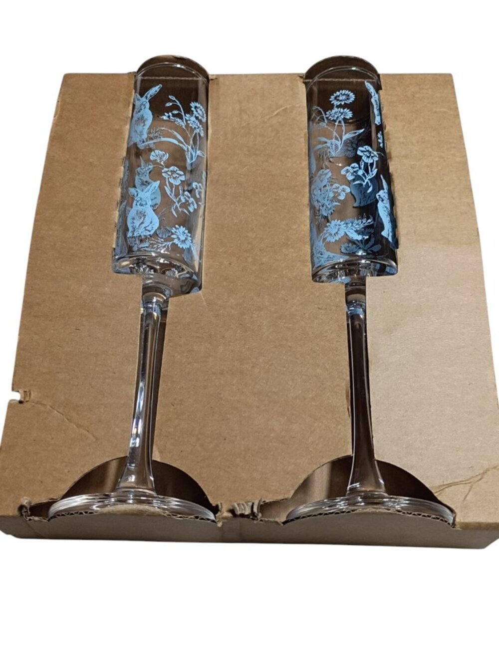 Walmart Bunny C226-72498 2 Champagne Flutes Blue Rabbit Print Spring